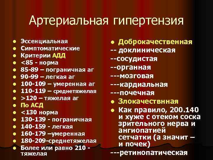 Артериальная гипертензия l l l l Эссенциальная Симптоматические Критерии АДД <85 - норма 85