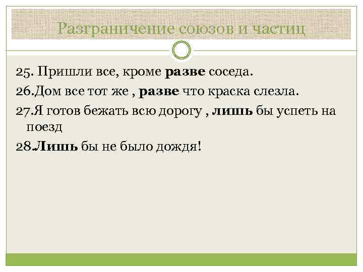 Разграничение союзов и частиц 25. Пришли все, кроме разве соседа. 26. Дом все тот