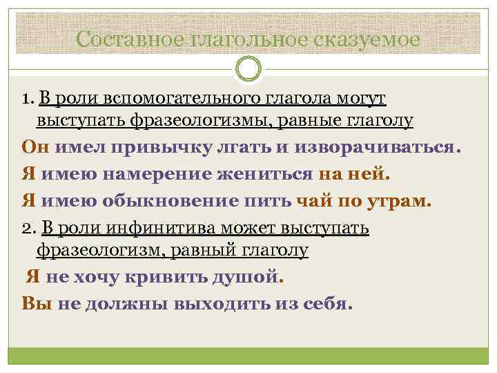 Составное глагольное сказуемое 1. В роли вспомогательного глагола могут выступать фразеологизмы, равные глаголу Он