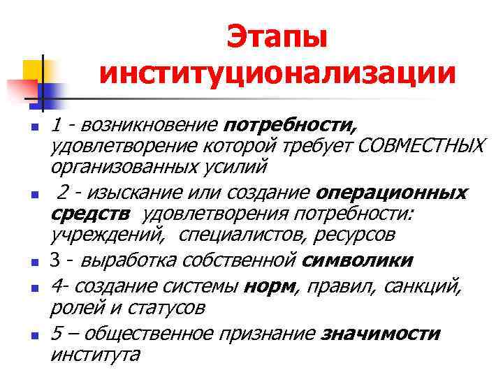 Этапы институционализации n n n 1 - возникновение потребности, удовлетворение которой требует СОВМЕСТНЫХ организованных