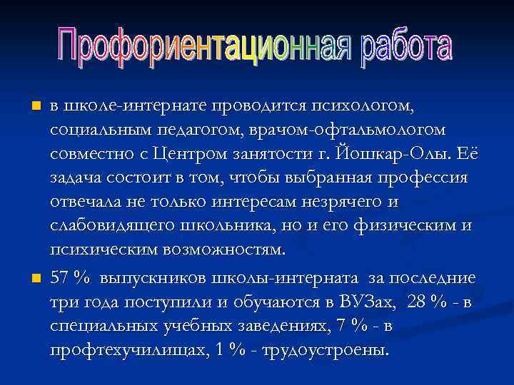 n n в школе-интернате проводится психологом, социальным педагогом, врачом-офтальмологом совместно с Центром занятости г.