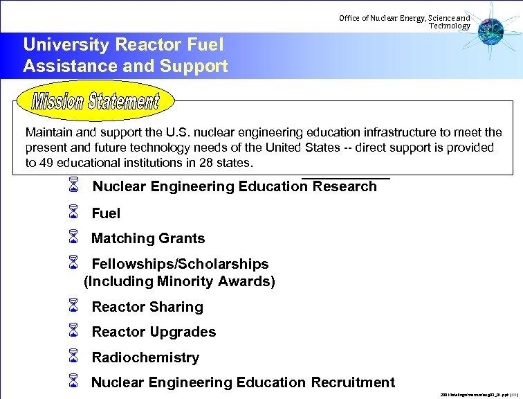 Office of Nuclear Energy, Science and Technology University Reactor Fuel Assistance and Support Maintain