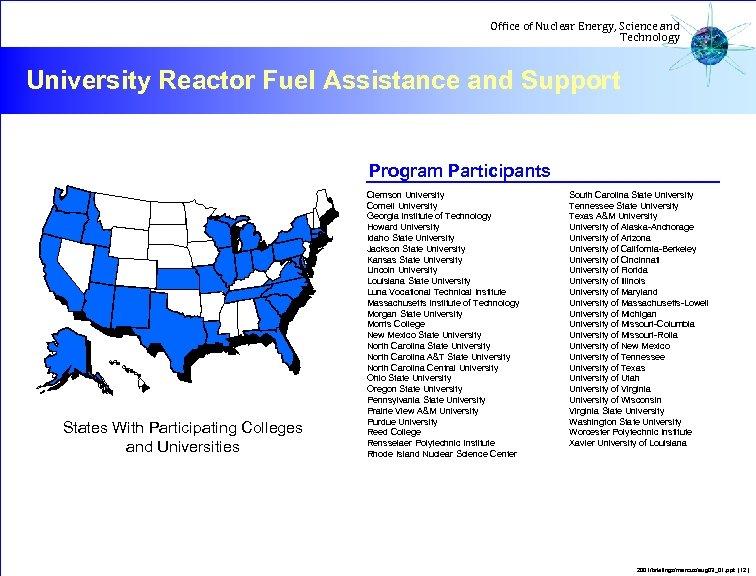 Office of Nuclear Energy, Science and Technology University Reactor Fuel Assistance and Support Program