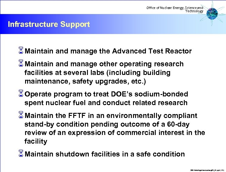 Office of Nuclear Energy, Science and Technology Infrastructure Support 6 Maintain and manage the