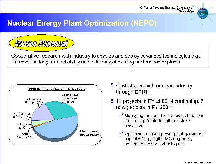 Office of Nuclear Energy, Science and Technology Nuclear Energy Plant Optimization (NEPO) Cooperative research