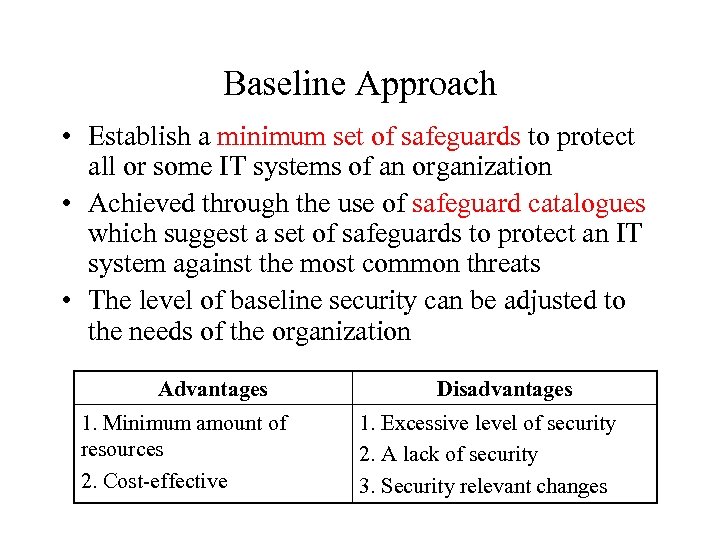 Baseline Approach • Establish a minimum set of safeguards to protect all or some