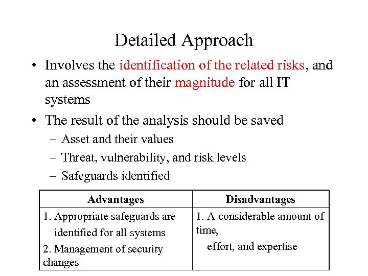Detailed Approach • Involves the identification of the related risks, and an assessment of