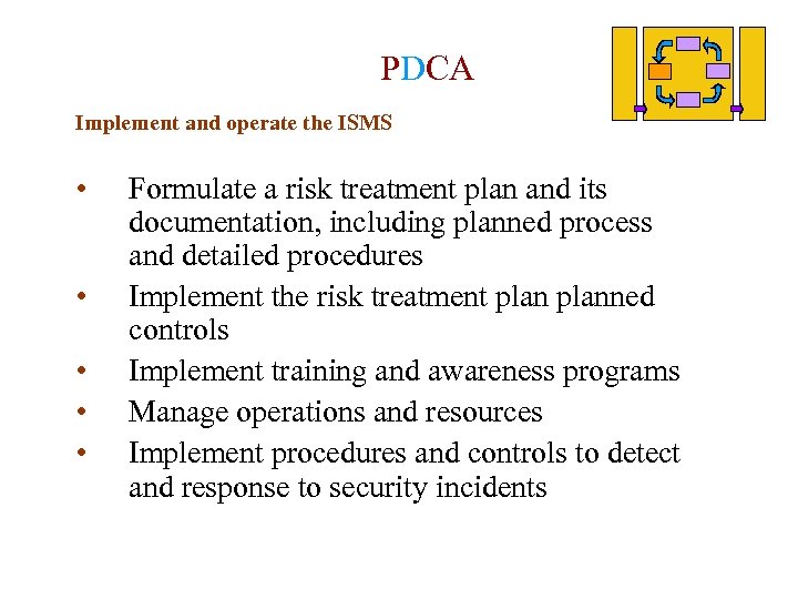 PDCA Implement and operate the ISMS • • • Formulate a risk treatment plan