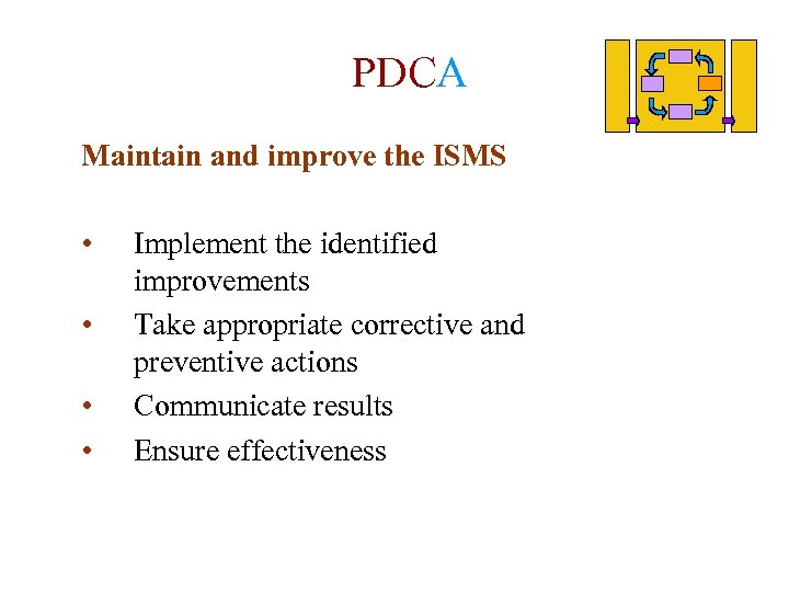 PDCA Maintain and improve the ISMS • • Implement the identified improvements Take appropriate