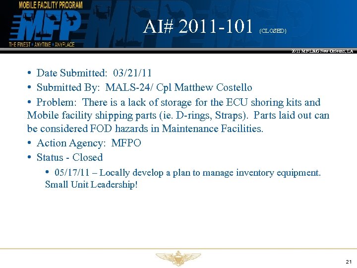 AI# 2011 -101 (CLOSED) 2011 MF LRG New Orleans, LA • Date Submitted: 03/21/11