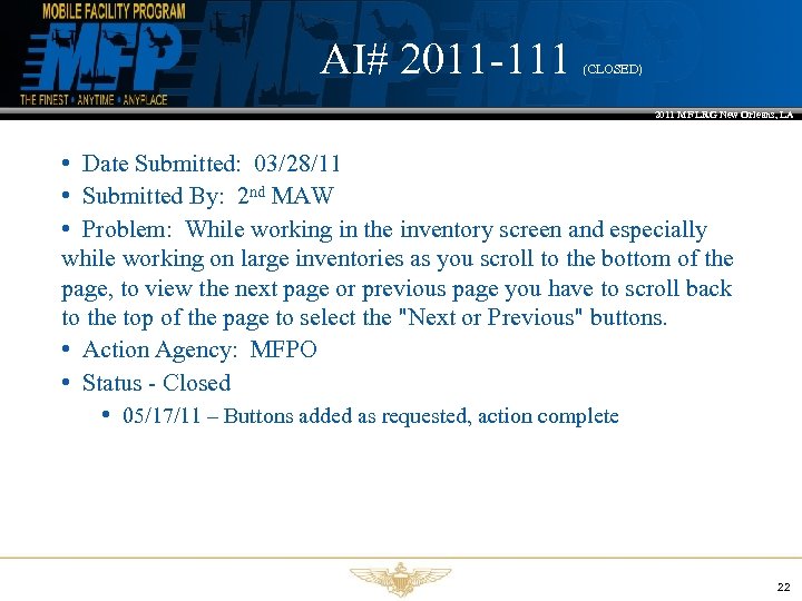 AI# 2011 -111 (CLOSED) 2011 MF LRG New Orleans, LA • Date Submitted: 03/28/11