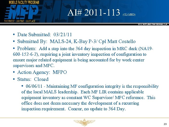 AI# 2011 -113 (CLOSED) 2011 MF LRG New Orleans, LA • Date Submitted: 03/21/11