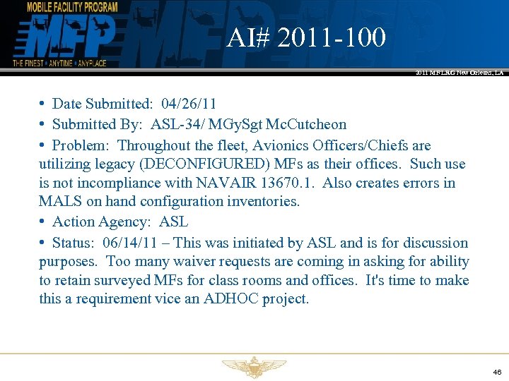 AI# 2011 -100 2011 MF LRG New Orleans, LA • Date Submitted: 04/26/11 •