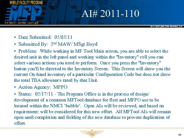 AI# 2011 -110 2011 MF LRG New Orleans, LA • Date Submitted: 05/03/11 •