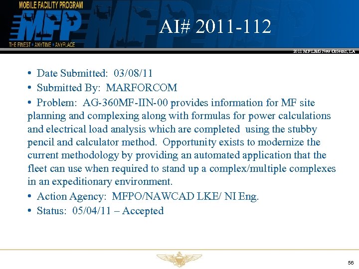 AI# 2011 -112 2011 MF LRG New Orleans, LA • Date Submitted: 03/08/11 •