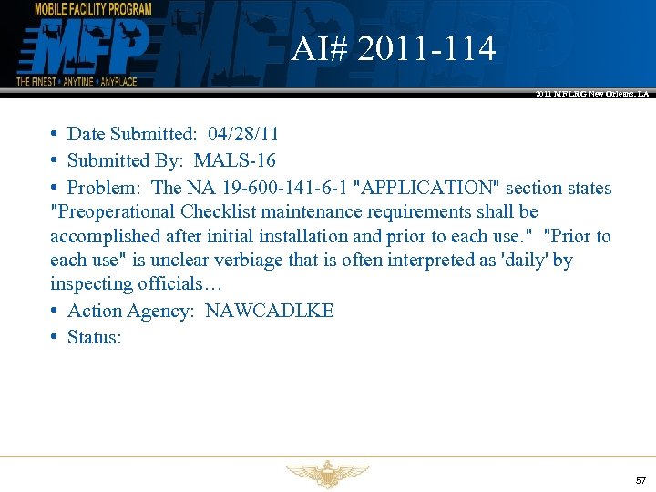 AI# 2011 -114 2011 MF LRG New Orleans, LA • Date Submitted: 04/28/11 •