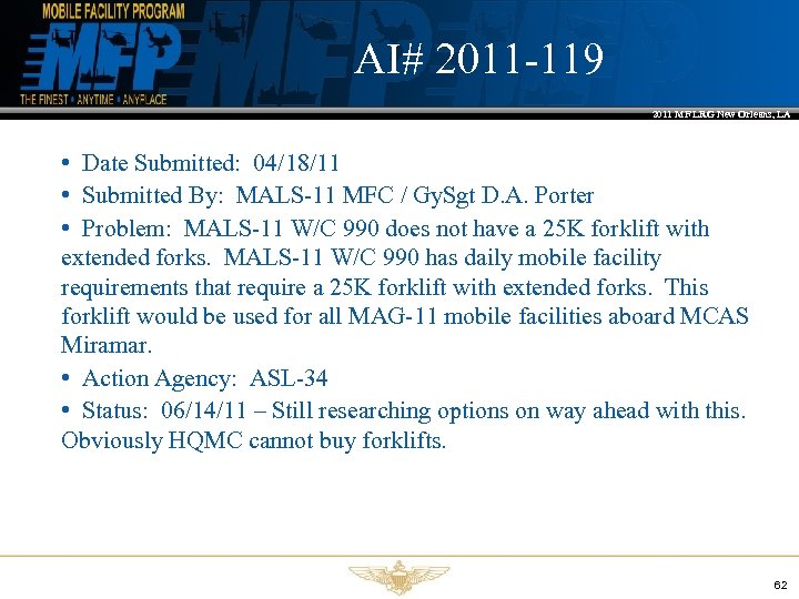 AI# 2011 -119 2011 MF LRG New Orleans, LA • Date Submitted: 04/18/11 •