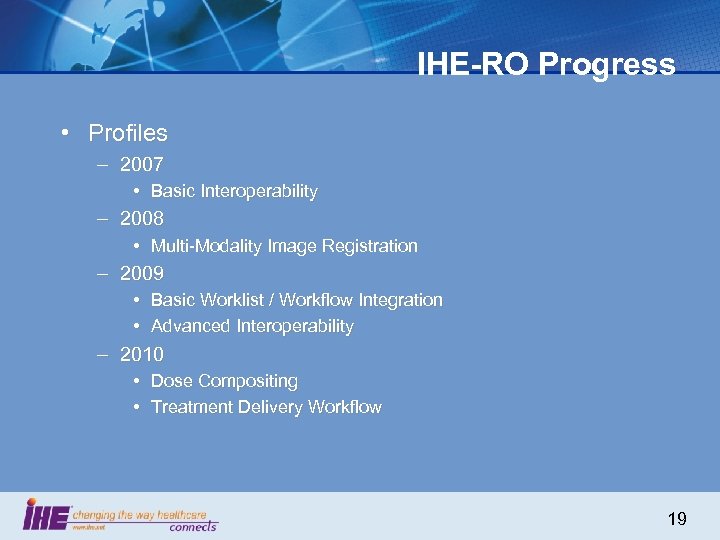 IHE-RO Progress • Profiles – 2007 • Basic Interoperability – 2008 • Multi-Modality Image