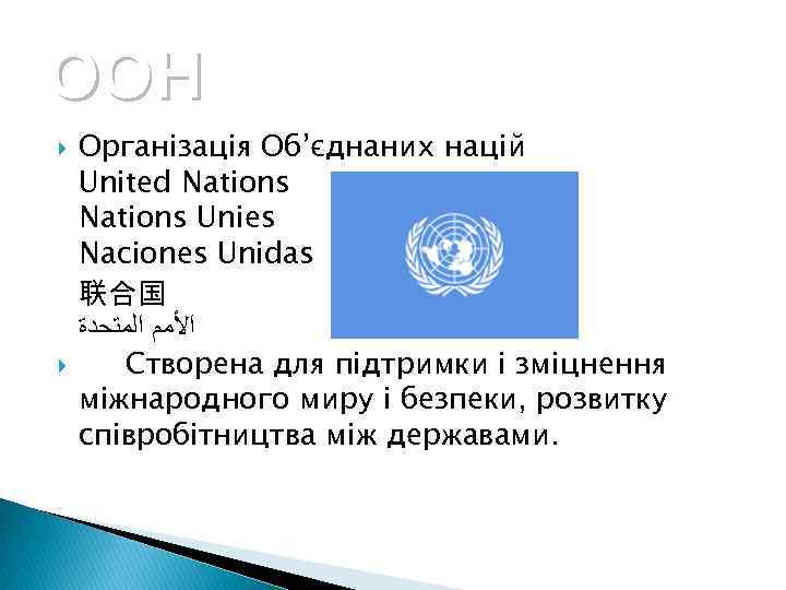 ООН Організація Об’єднаних націй United Nations Unies Naciones Unidas 联合国 ﺍﻷﻤﻢ ﺍﻟﻤﺘﺤﺪﺓ Створена для