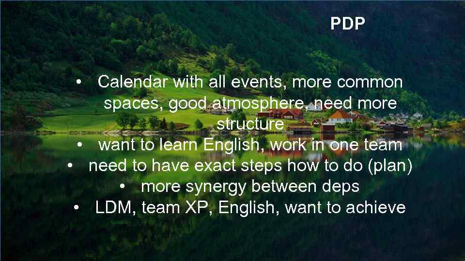 PDP • Calendar with all events, more common spaces, good atmosphere, need more structure