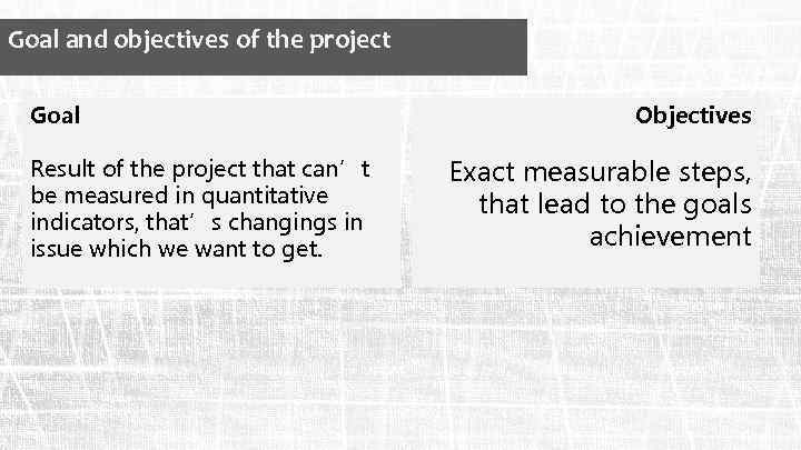 Goal and objectives of the project Goal Result of the project that can’t be