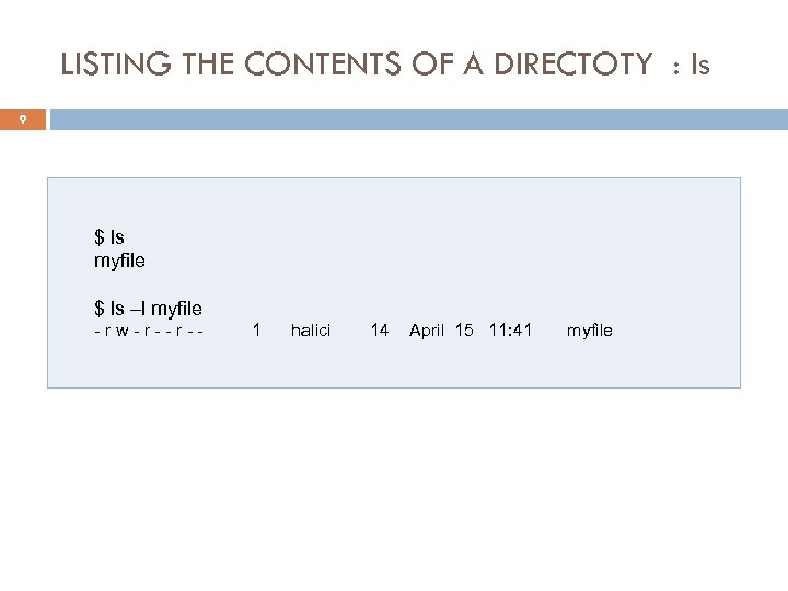 LISTING THE CONTENTS OF A DIRECTOTY : ls 9 $ ls myfile $ ls