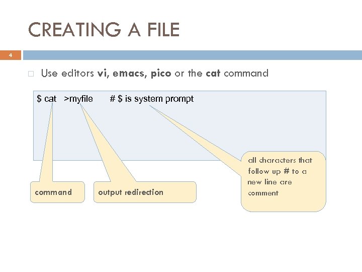 CREATING A FILE 4 Use editors vi, emacs, pico or the cat command $
