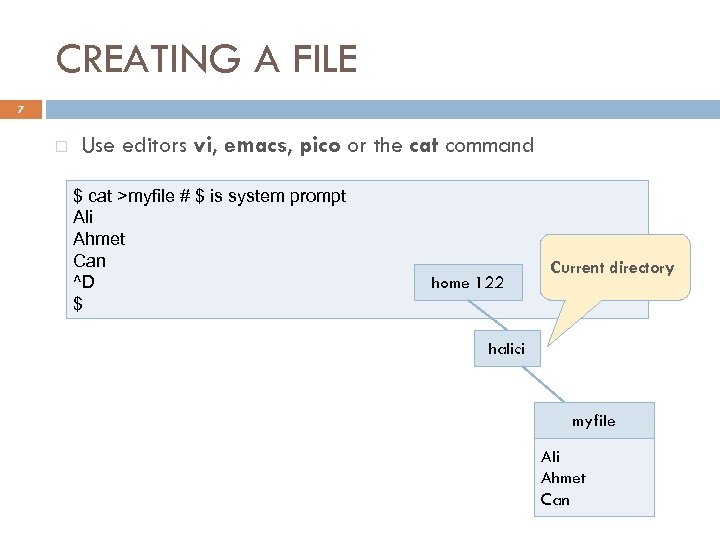 CREATING A FILE 7 Use editors vi, emacs, pico or the cat command $