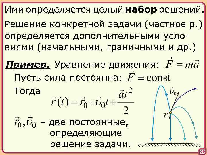 Ими определяется целый набор решений. Решение конкретной задачи (частное р. ) определяется дополнительными условиями
