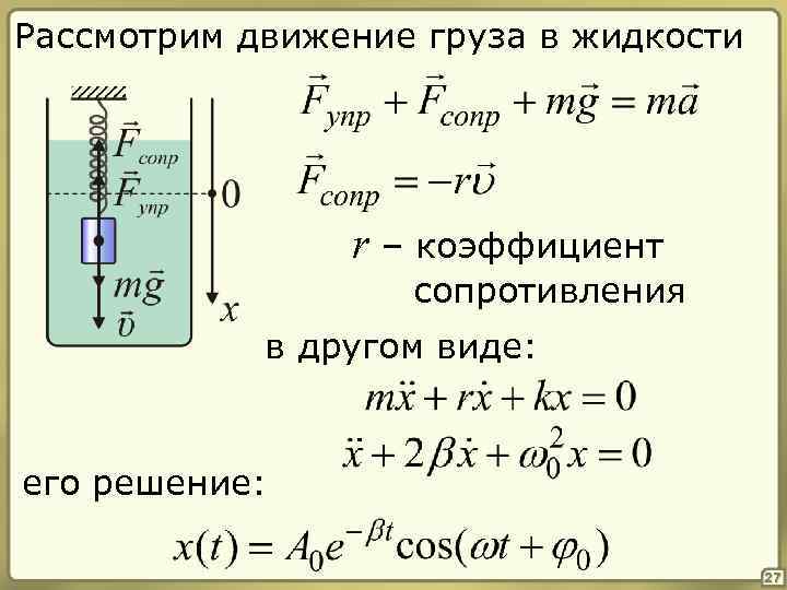 Рассмотрим движение груза в жидкости r – коэффициент сопротивления в другом виде: его решение: