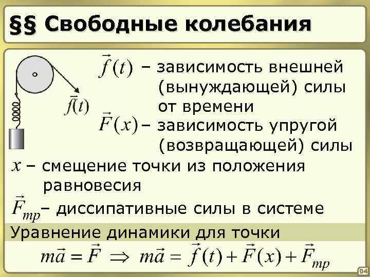 Вынуждающая сила. Динамика свободных колебаний. Динамическое уравнение свободных колебаний. Свободные колебания материальной точки. Уравнение динамики колебаний.