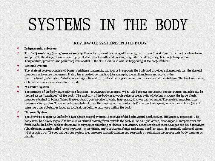 REVIEW OF SYSTEMS IN THE BODY v v v v Integumentary System The integumentary