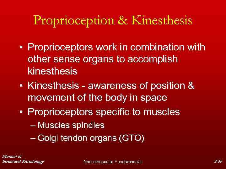 Proprioception & Kinesthesis • Proprioceptors work in combination with other sense organs to accomplish