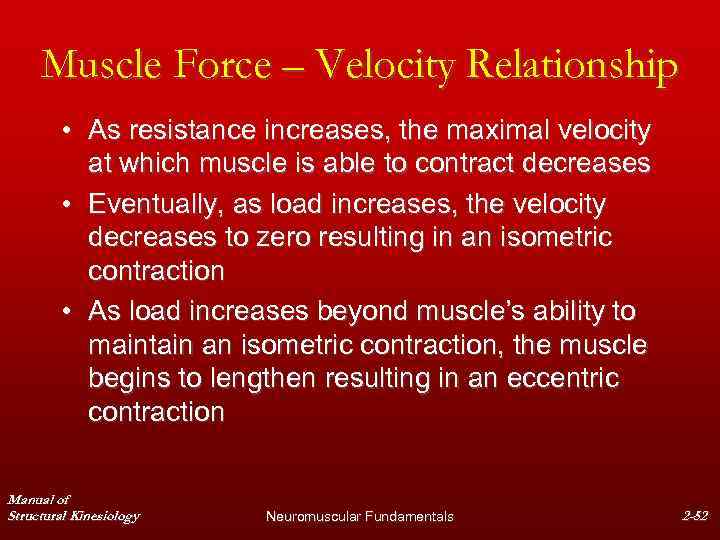 Muscle Force – Velocity Relationship • As resistance increases, the maximal velocity at which