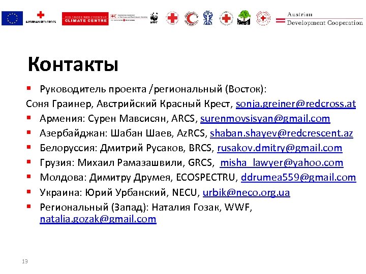 Контакты § Руководитель проекта /региональный (Восток): Соня Граинер, Австрийский Красный Крест, sonja. greiner@redcross. at