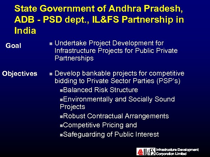 State Government of Andhra Pradesh, ADB - PSD dept. , IL&FS Partnership in India