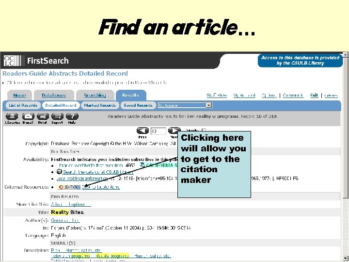 Find an article… Clicking here will allow you to get to the citation maker