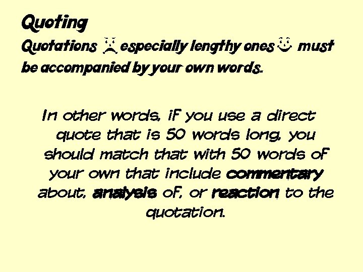 Quoting Quotations (especially lengthy ones) must be accompanied by your own words. In other
