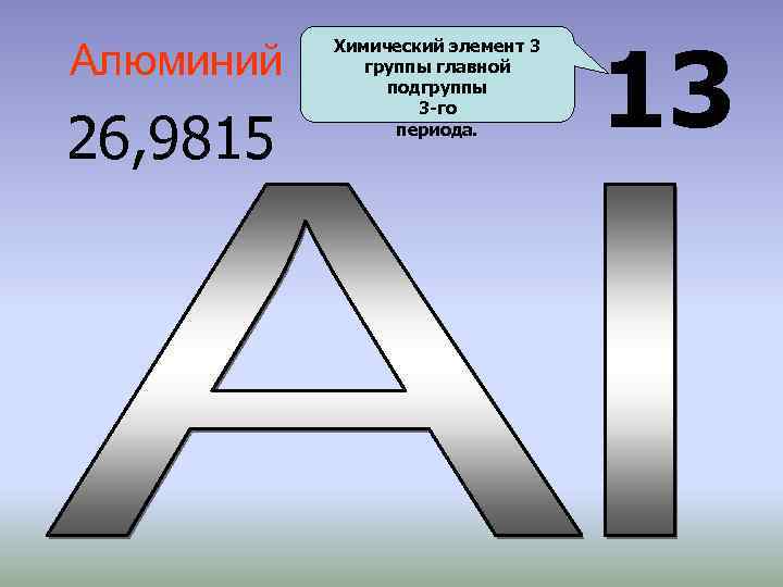 Алюминий 26, 9815 Химический элемент 3 группы главной подгруппы 3 -го периода. 13 