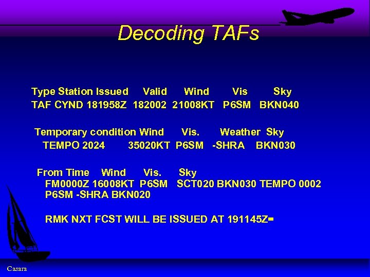 Decoding TAFs Type Station Issued Valid Wind Vis Sky TAF CYND 181958 Z 182002