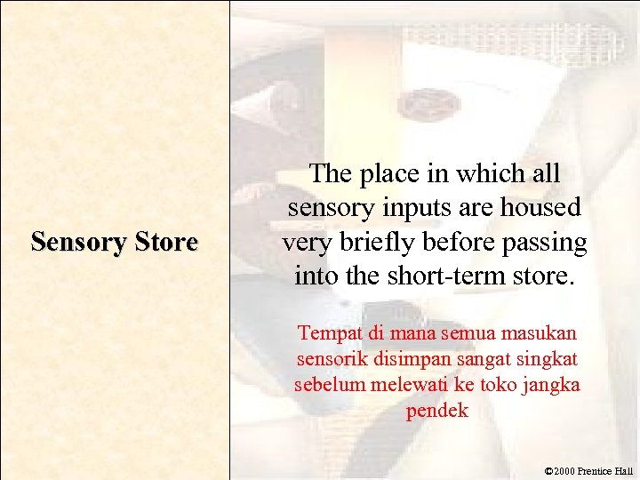 Sensory Store The place in which all sensory inputs are housed very briefly before