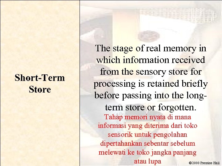 Short-Term Store The stage of real memory in which information received from the sensory