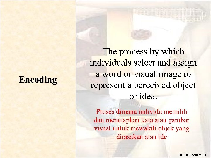 Encoding The process by which individuals select and assign a word or visual image