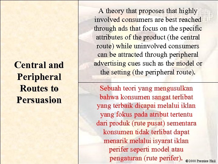 Central and Peripheral Routes to Persuasion A theory that proposes that highly involved consumers