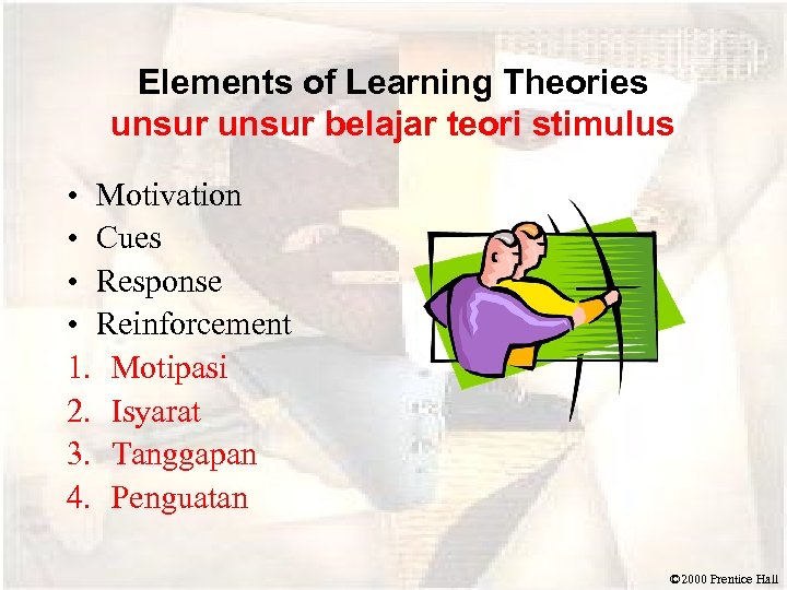 Elements of Learning Theories unsur belajar teori stimulus • Motivation • Cues • Response