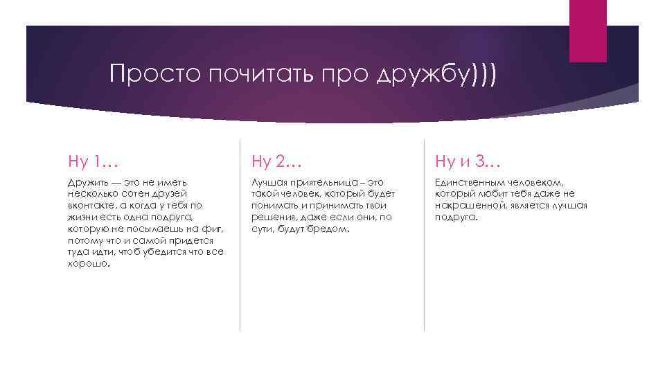 Просто почитать про дружбу))) Ну 1… Ну 2… Ну и 3… Дружить — это