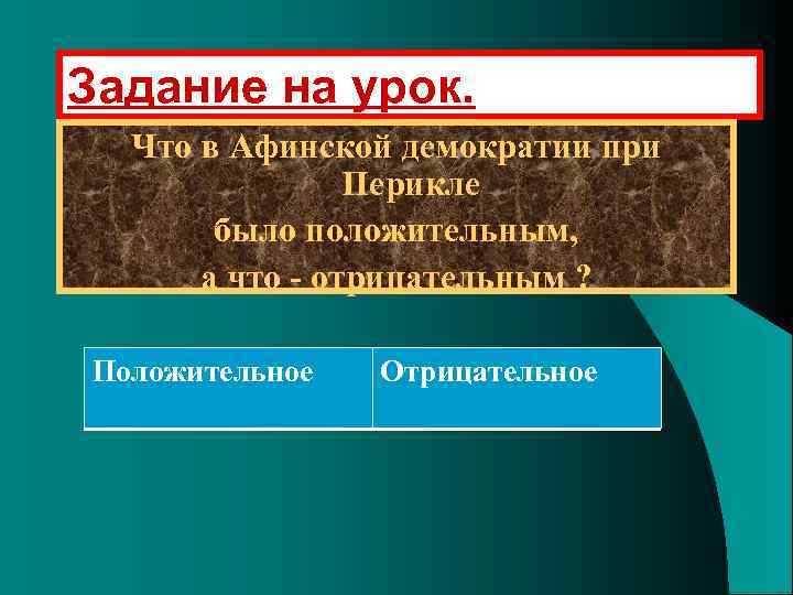 Задание на урок. Что в Афинской демократии при Перикле было положительным, а что -