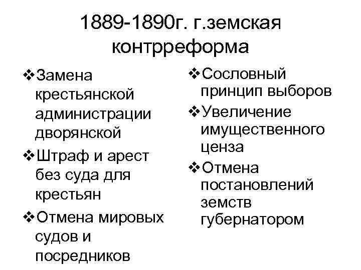1889 -1890 г. г. земская контрреформа v. Замена крестьянской администрации дворянской v. Штраф и