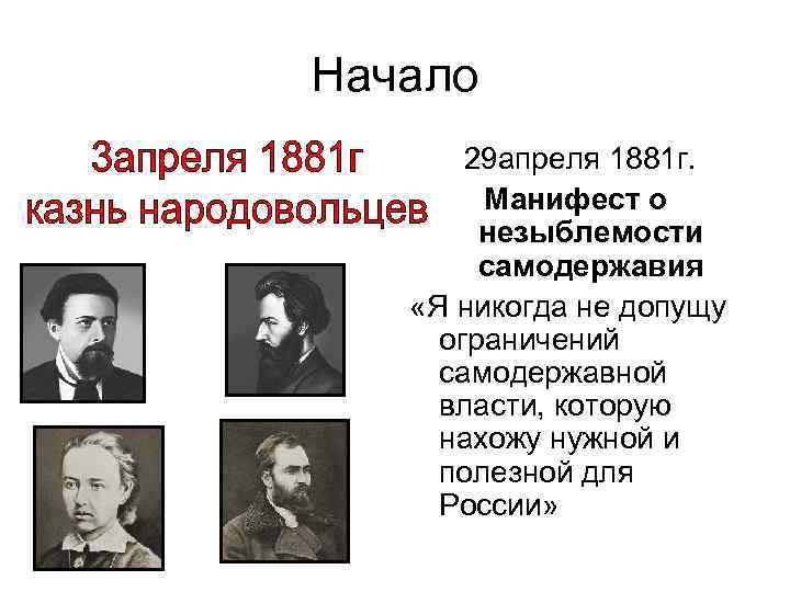 Начало 29 апреля 1881 г. Манифест о незыблемости самодержавия «Я никогда не допущу ограничений