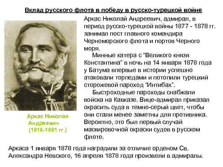 Вклад русского флота в победу в русско-турецкой войне Аркас Николай Андреевич, адмирал, в период